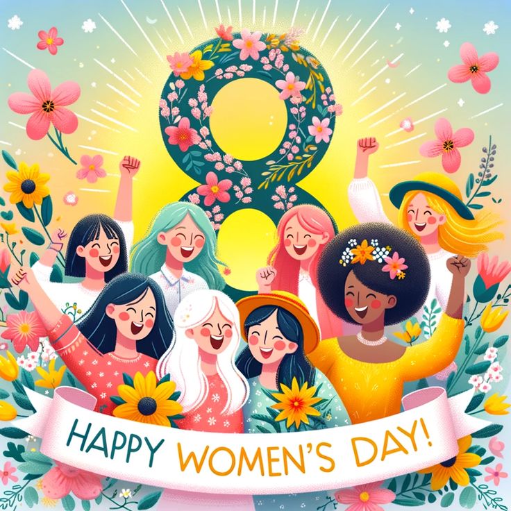 This may contain: happy women's day greeting card with flowers and sunbursts in the background