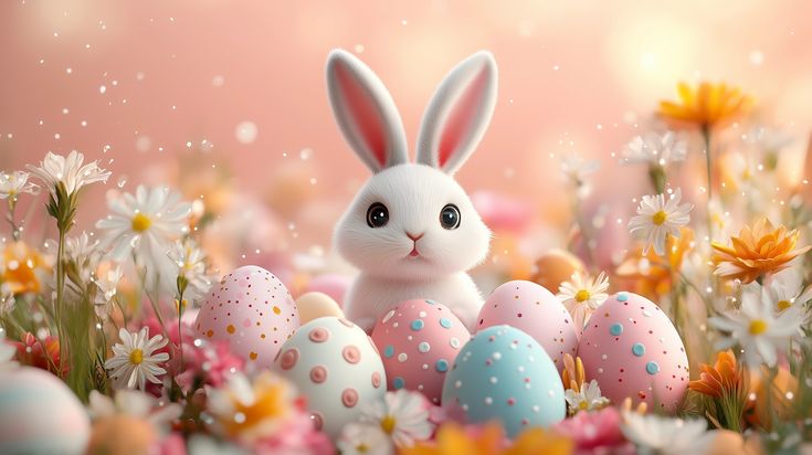 This may contain: a white rabbit sitting in the middle of some eggs and daisies with flowers around it