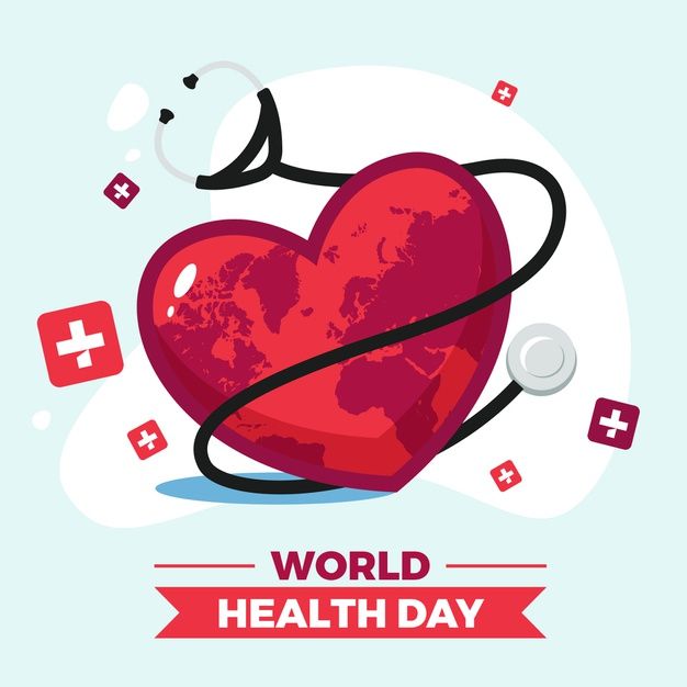 This may contain: a red heart with a stethoscope in it and the words world health day