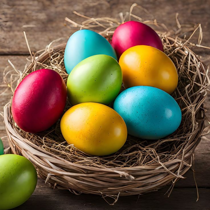 This may contain: several colored eggs in a nest on a wooden table