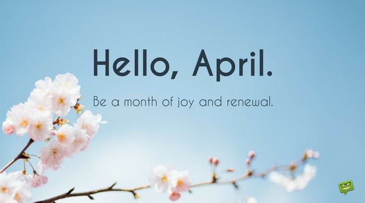 This may contain: the words hello, april are written in black on a blue sky background with white flowers