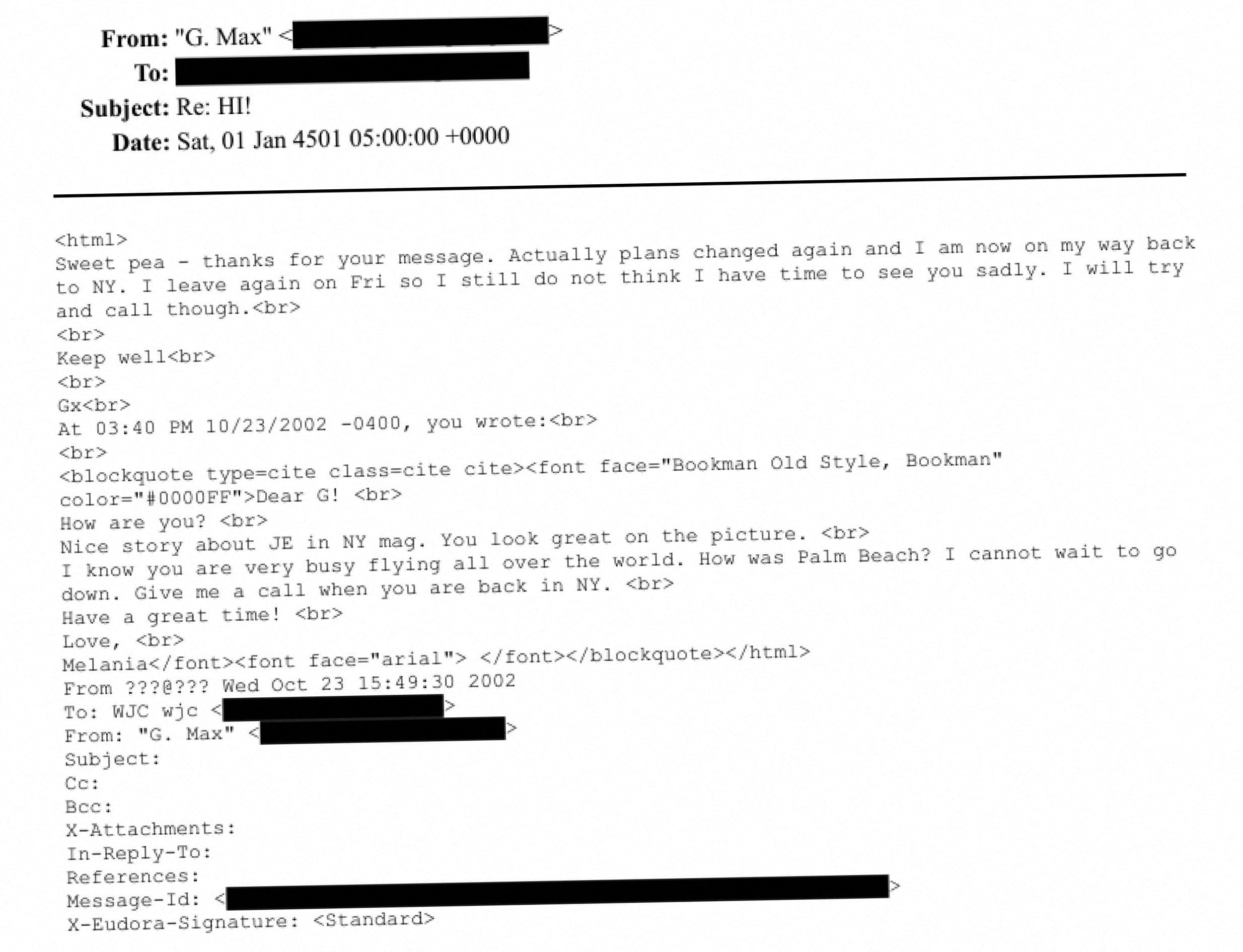 An email exchange that appears to be between Melania Trump and Ghislaine Maxwell in image released by US Justice Department. (Photo credit: Reuters)