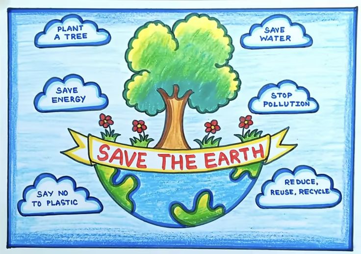 This may contain: save the earth poster with trees, flowers and clouds in blue watercolor on white paper