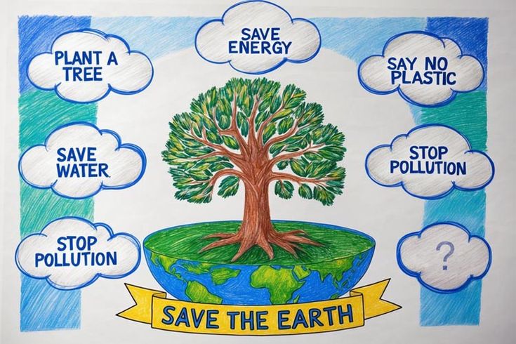 This may contain: a poster with the words save the earth on it and an image of a tree