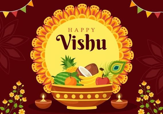 This may contain: happy vishu with candles and flowers on red background for diwaling the festival