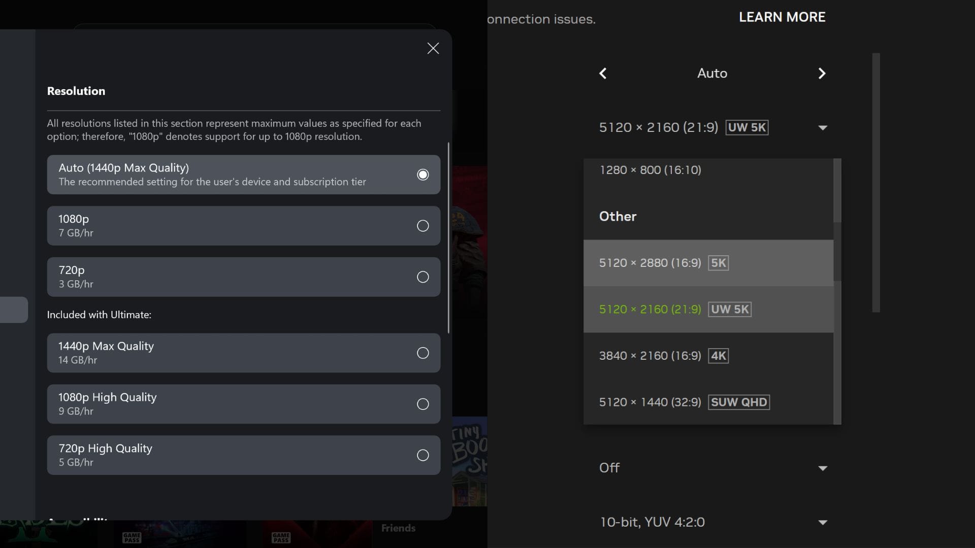 Xbox Cloud Gaming resolution settings on left, and GeForce Now equivalent on right. (Image Credit: Aditya Madanapalle). 