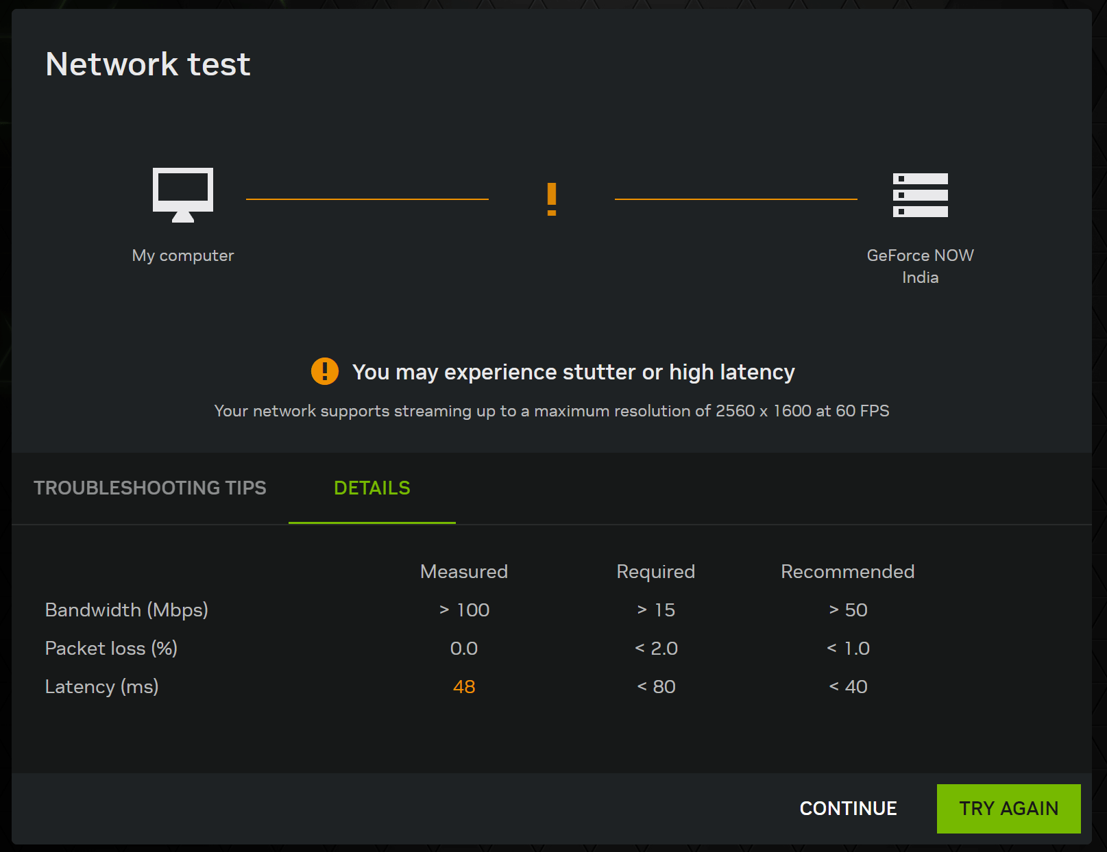 The included network analyser does a great job of telling you what exactly degrades the experience on your connection. It is not always speed. (Image Credit: In-app screenshot on PC). 