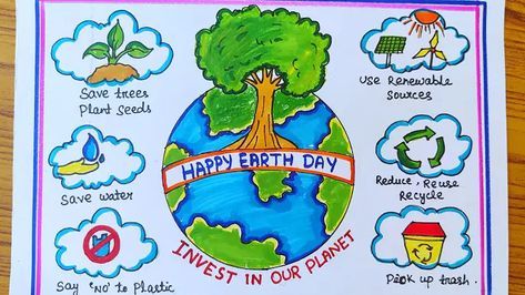 This may contain: an earth day poster on a wooden table