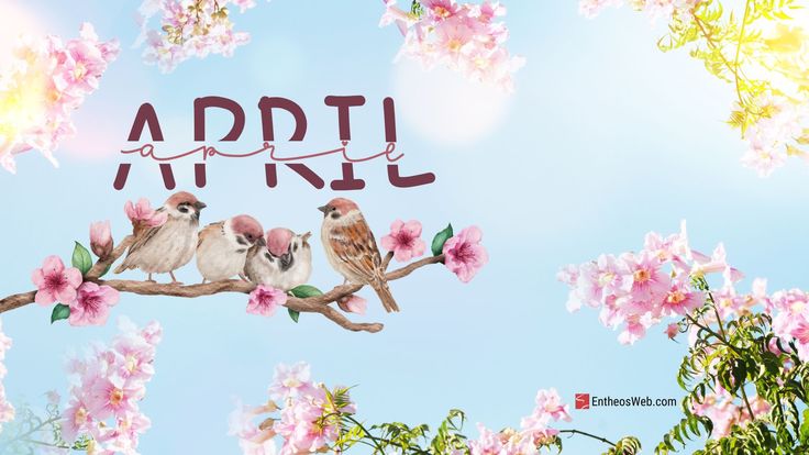This may contain: three birds sitting on a branch with pink flowers and the words aprl above them