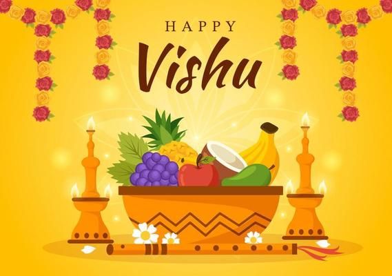 This may contain: a happy vishu with fruits and candles