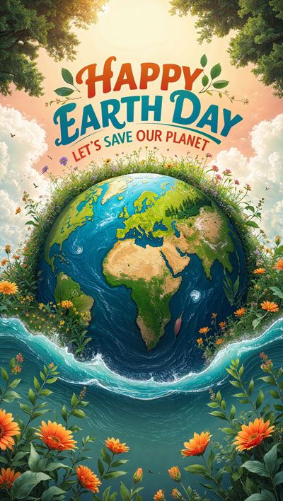 This may contain: the earth is surrounded by flowers and trees, with words that say happy earth day let's save our planet