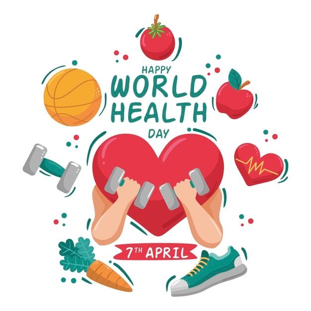 This may contain: the world health day poster is shown with various healthy foods and vegetables, including apples, carrot