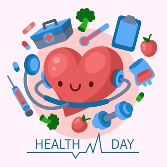 This may contain: a heart surrounded by medical supplies and vegetables on a pink background with the words health day