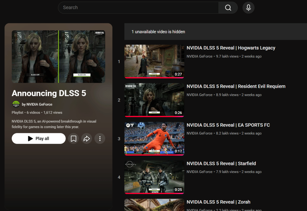 NVIDIA's DLSS 5 Launch playlist, has one video hidden. 