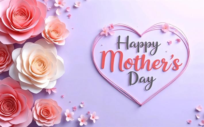 This may contain: pink roses and paper flowers are arranged in the shape of a heart on a purple background that says happy mother's day