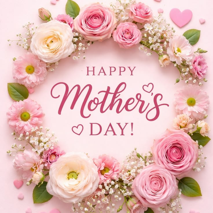 This may contain: a mothers day card with pink roses and baby's breath flowers in the center