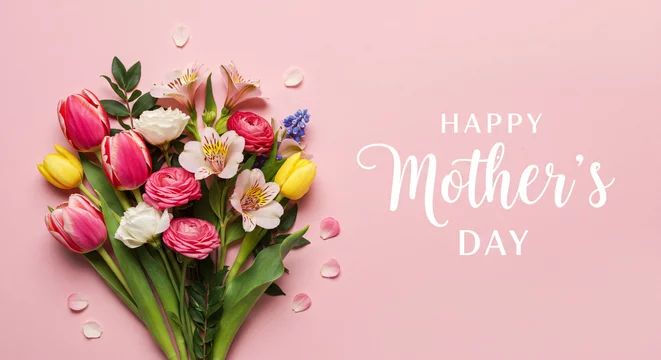 This may contain: a bouquet of flowers on a pink background with the words happy mother's day