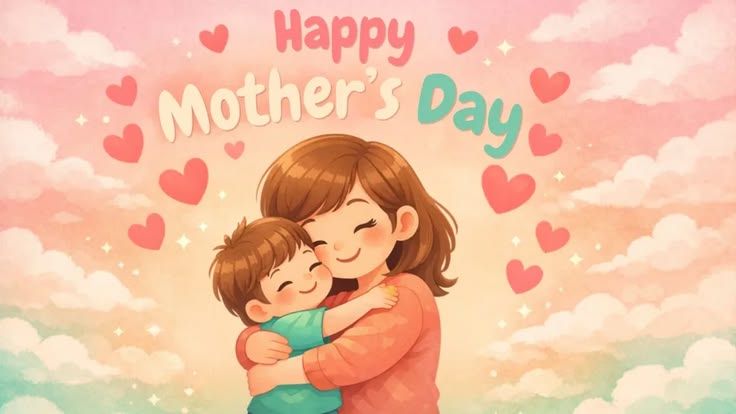 This contains: Mother and Child Mother's Day Wallpaper, Hug Mother's Day Wallpaper, Happy Mother's Day Background, Cute Mother's Day Design, Tender Mother's Day Illustration, Soft Pastel Mother's Day Wallpaper, Heartwarming Mother's Day Wallpaper, Adorable Mother's Day Background, Loving Mother Illustration Wallpaper, Joyful Mother's Day Wallpaper, Playful Typography Mother's Day Wallpaper, Peach Pink Mint Wallpaper, Family Love Mother's Day Wallpaper, Emotional Mother's Day Wallpaper