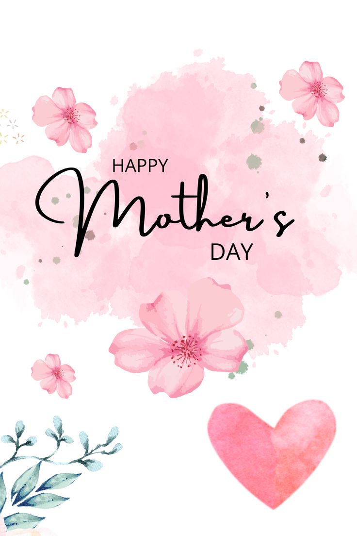 This may contain: a mothers day card with watercolor flowers and hearts on the front, in pink