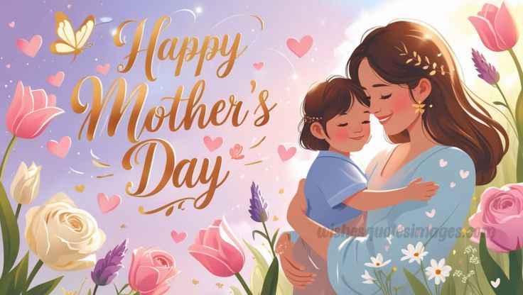 This may contain: a mother's day card with a woman hugging her child in the middle of flowers