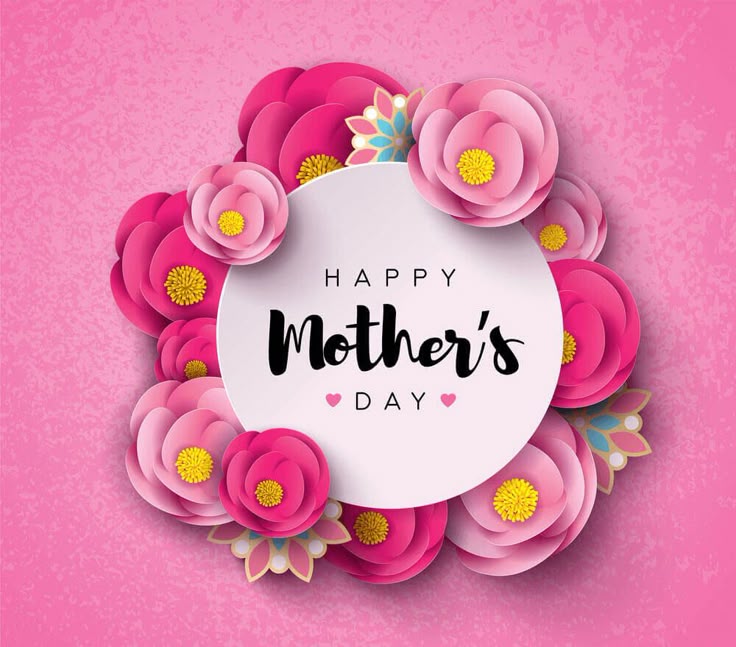 This may contain: happy mother's day card with pink flowers and paper cutout on the side