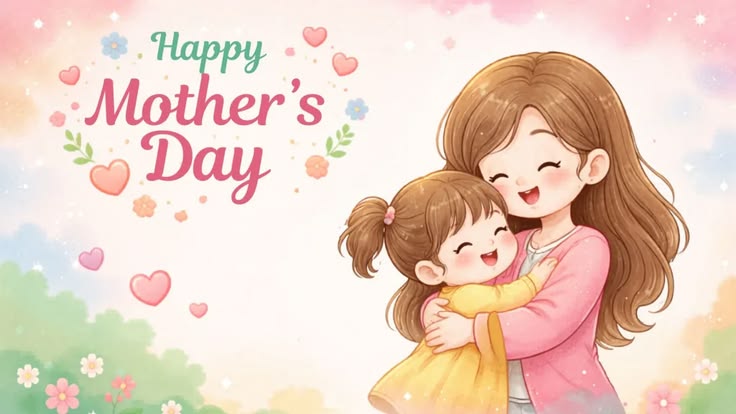This contains: Mother and Child Mother's Day Wallpaper, Cute Mother's Day Wallpaper, Happy Mother's Day Background, Adorable Mother's Day Design, Heartwarming Mother's Day Wallpaper, Loving Mother Illustration, Child Hugging Mother Wallpaper, Soft Pastel Mother's Day Background, Joyful Mother's Day Wallpaper, Sweet Mother's Day Graphic, Emotional Mother's Day Design, Friendly Typography Wallpaper, Family Love Mother's Day Wallpaper, Cartoon Mother's Day Wallpaper, Wholesome Mother's Day Wallpaper