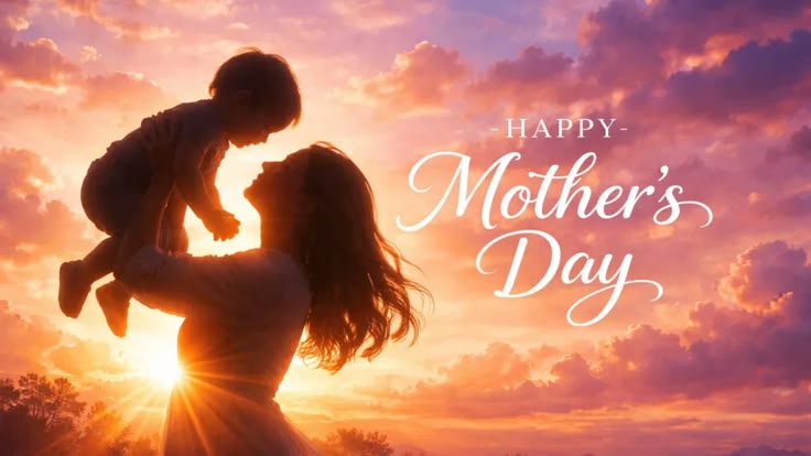This contains: Sunset Mother's Day Wallpaper, Mother and Child Silhouette Wallpaper, Happy Mother's Day Background, Emotional Mother's Day Wallpaper, Warm Sunset Mother's Day Design, Peaceful Mother's Day Scene, Touching Mother's Day Wallpaper, Orange Purple Gold Wallpaper, Heartfelt Mother's Day Background, Loving Mother Illustration Wallpaper, Romantic Sunset Mother's Day Wallpaper, Family Love Mother's Day Wallpaper, Scenic Mother's Day Wallpaper, Beautiful Mother's Day Graphic